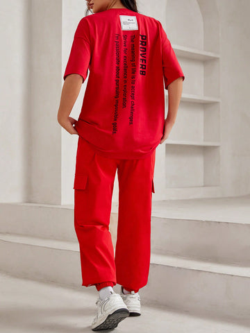 Printed Slogan Crew Neck T-Shirt And Cargo Pants Two Pieces Set
