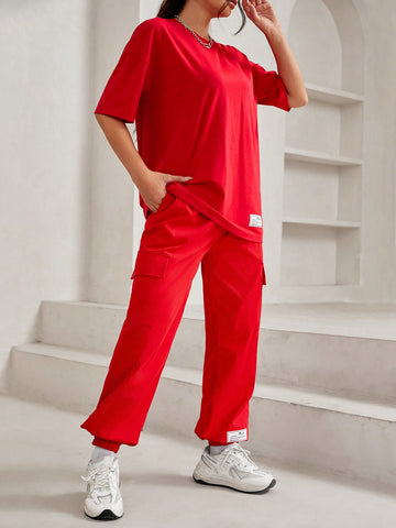 Printed Slogan Crew Neck T-Shirt And Cargo Pants Two Pieces Set
