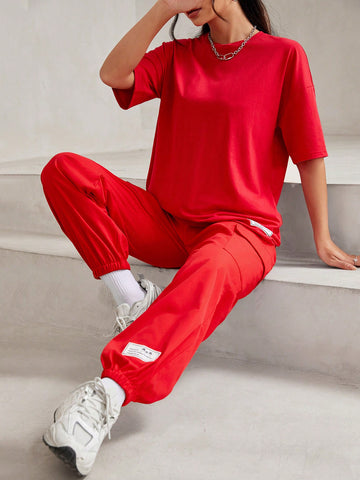 Printed Slogan Crew Neck T-Shirt And Cargo Pants Two Pieces Set