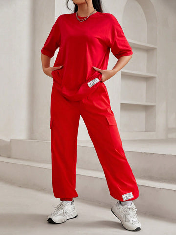 Printed Slogan Crew Neck T-Shirt And Cargo Pants Two Pieces Set