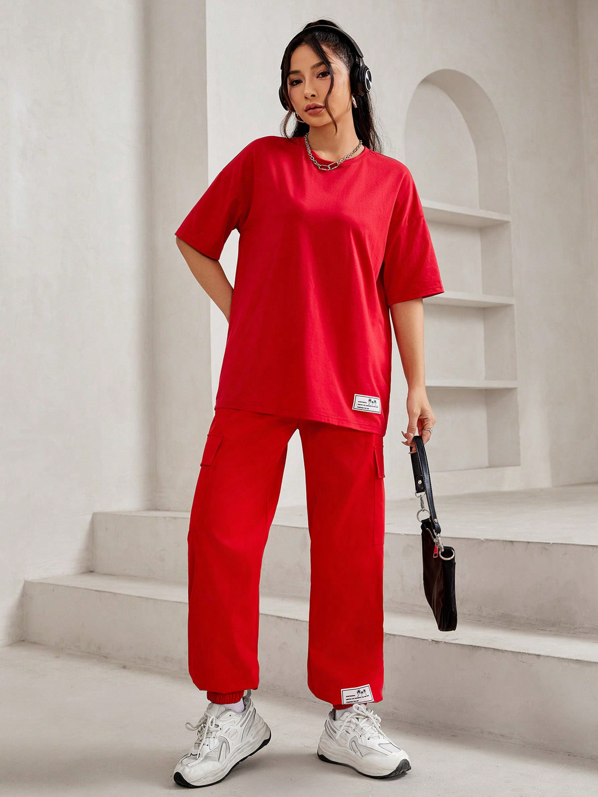 Printed Slogan Crew Neck T-Shirt And Cargo Pants Two Pieces Set