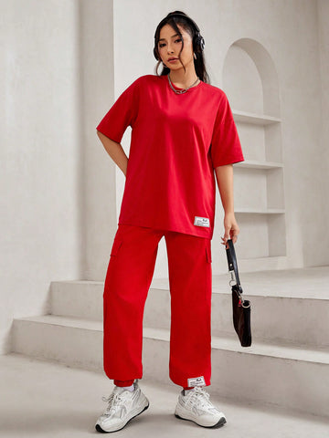 Printed Slogan Crew Neck T-Shirt And Cargo Pants Two Pieces Set