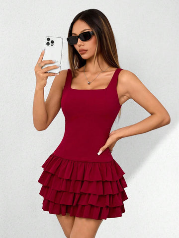 Red Shape Cake Ruffle Hem Cute Square Neck Halloween Christmas Date Mini Dress