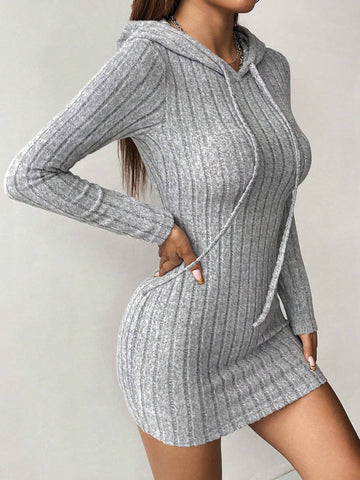 Ribbed Knit Drawstring Hooded Bodycon Dress