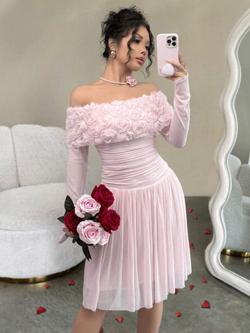 Romantic Open Shoulder Spring/Summer Dress With 3D/Layered Roses, Waist Gathered, Short