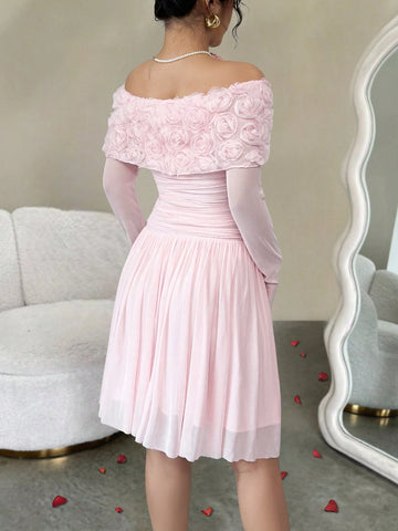 Romantic Open Shoulder Spring/Summer Dress With 3D/Layered Roses, Waist Gathered, Short