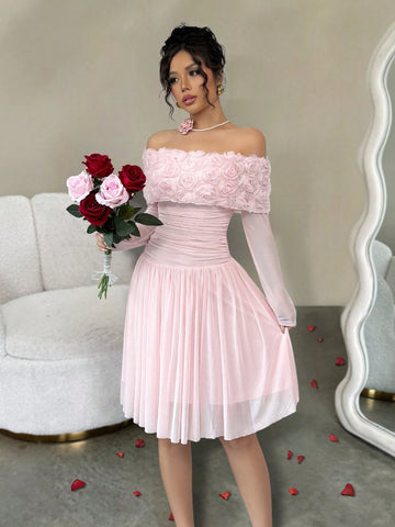 Romantic Open Shoulder Spring/Summer Dress With 3D/Layered Roses, Waist Gathered, Short