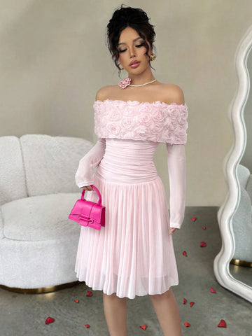 Romantic Open Shoulder Spring/Summer Dress With 3D/Layered Roses, Waist Gathered, Short