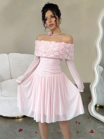 Romantic Open Shoulder Spring/Summer Dress With 3D/Layered Roses, Waist Gathered, Short