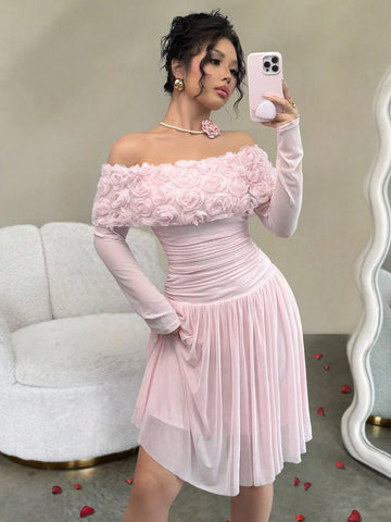 Romantic Open Shoulder Spring/Summer Dress With 3D/Layered Roses, Waist Gathered, Short