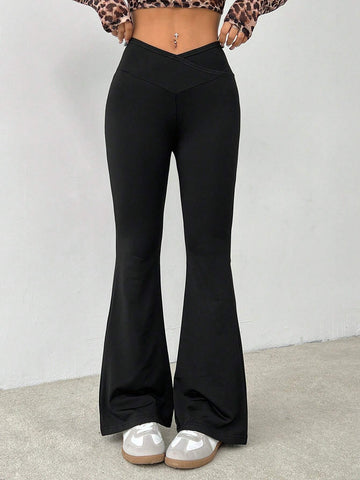 PETITE Simple Solid Color Wrap High Waist Flared Pants