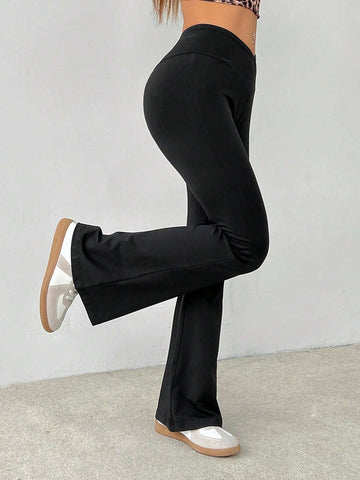 PETITE Simple Solid Color Wrap High Waist Flared Pants