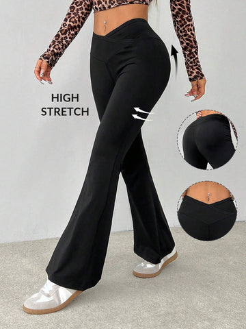 PETITE Simple Solid Color Wrap High Waist Flared Pants