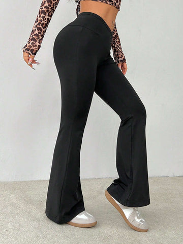 PETITE Simple Solid Color Wrap High Waist Flared Pants