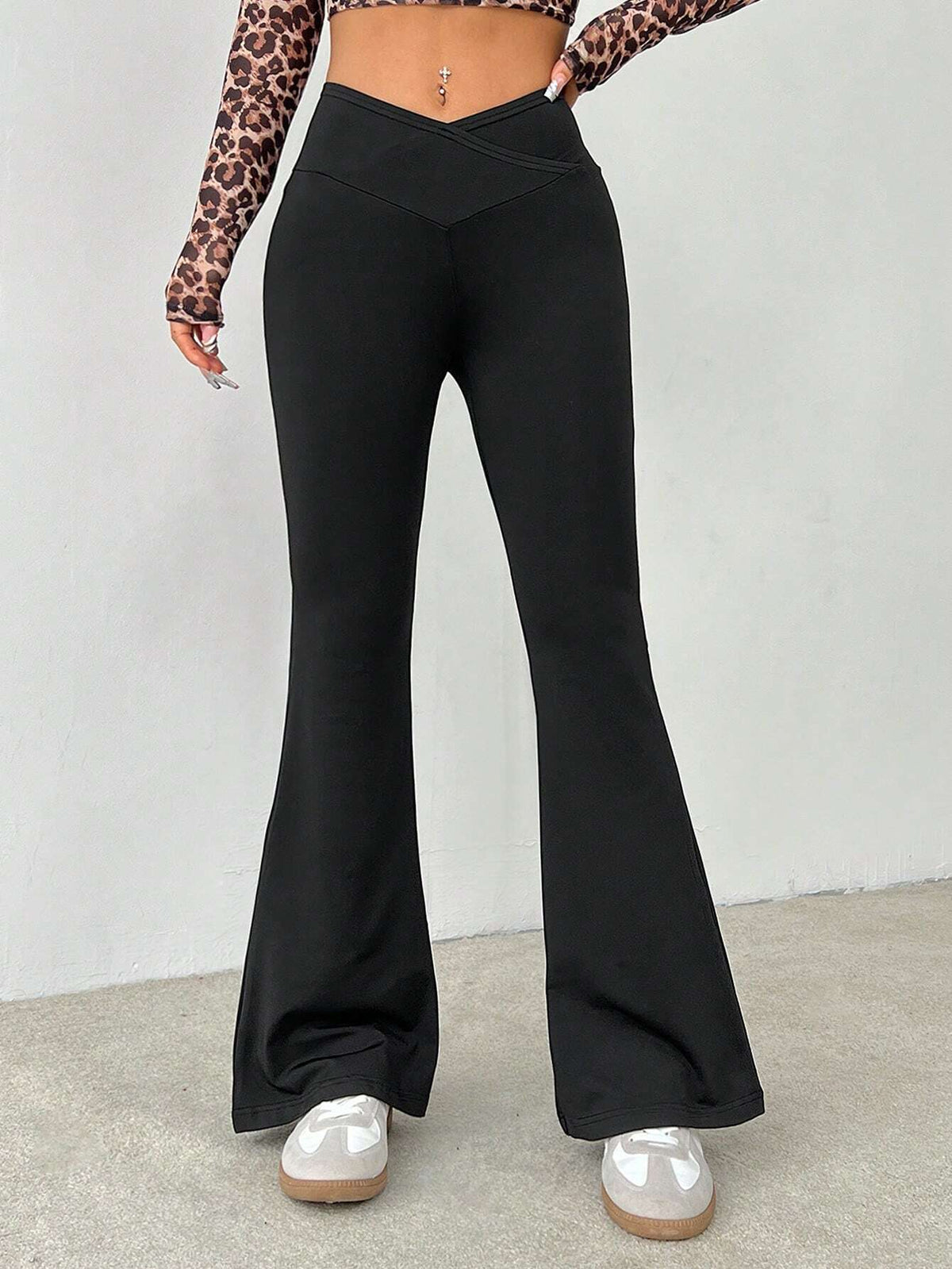 PETITE Simple Solid Color Wrap High Waist Flared Pants