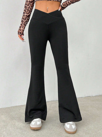 PETITE Simple Solid Color Wrap High Waist Flared Pants