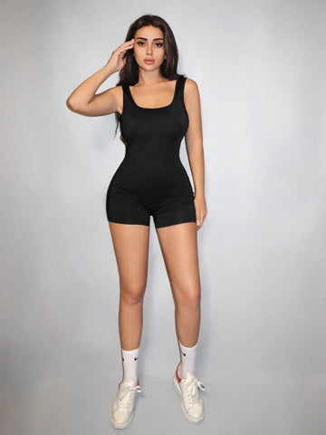Solid Backless Unitard Black Romper
