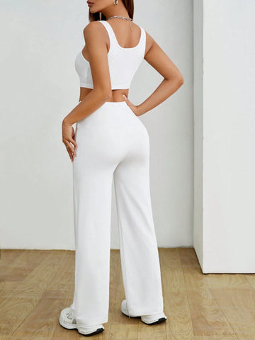 Solid Color Cropped Tank Top And Straight-Leg Pants