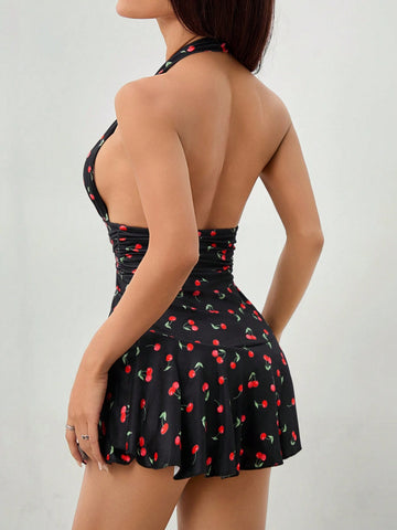 Solid Color Halter Neck Open Back Yin Peach Print Jumpsuit