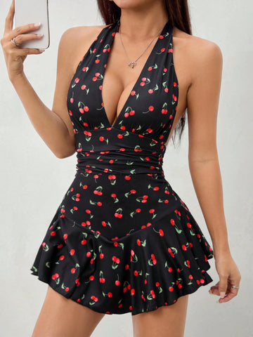 Solid Color Halter Neck Open Back Yin Peach Print Jumpsuit