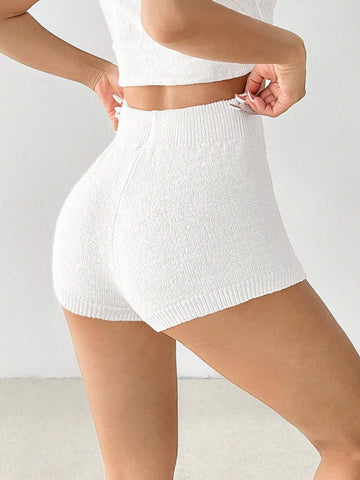 PETITE Solid Color High Waist Drawstring Casual Sweater And Shorts Set