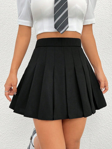 PETITE Solid Color High Waist Pleated Skirt