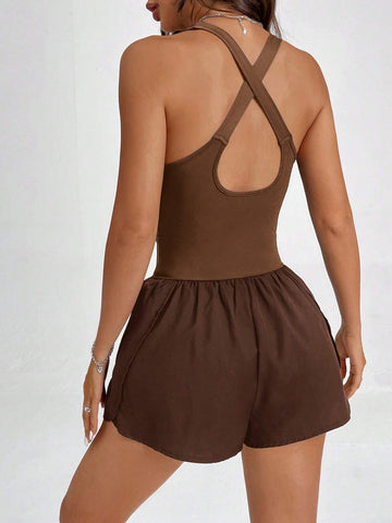 Solid Color Hollow Out Back Cross Strap Sleeveless Sporty Slim Fit Jumpsuit With Cooling Sensation