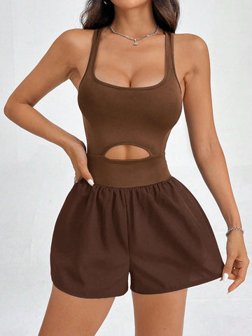 Solid Color Hollow Out Back Cross Strap Sleeveless Sporty Slim Fit Jumpsuit With Cooling Sensation