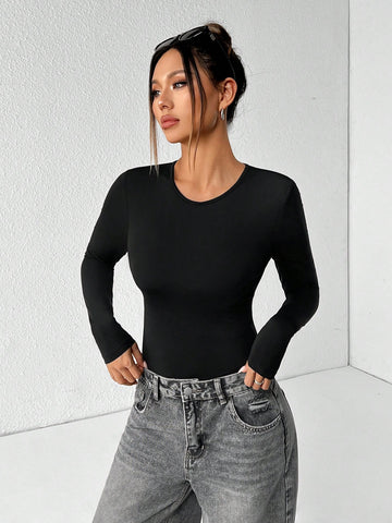 Solid Color Long Sleeve Slim Fit Black T-Shirt Bodysuit (Built-In Breast Pads)
