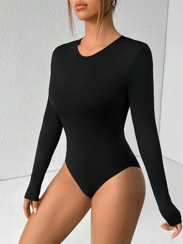 Solid Color Long Sleeve Slim Fit Black T-Shirt Bodysuit (Built-In Breast Pads)
