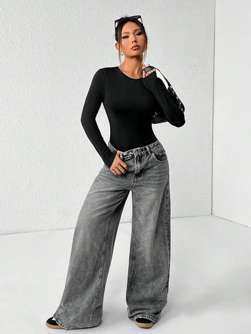 Solid Color Long Sleeve Slim Fit Black T-Shirt Bodysuit (Built-In Breast Pads)