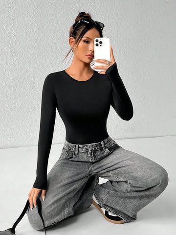Solid Color Long Sleeve Slim Fit Black T-Shirt Bodysuit (Built-In Breast Pads)