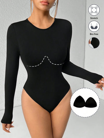 Solid Color Long Sleeve Slim Fit Black T-Shirt Bodysuit (Built-In Breast Pads)