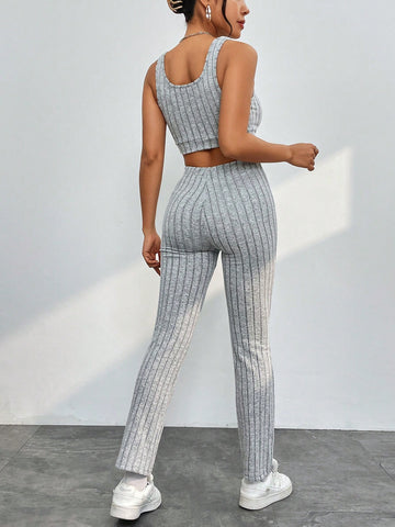 Solid Color Ribbed Knitted Sweatsuit