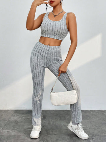 Solid Color Ribbed Knitted Sweatsuit