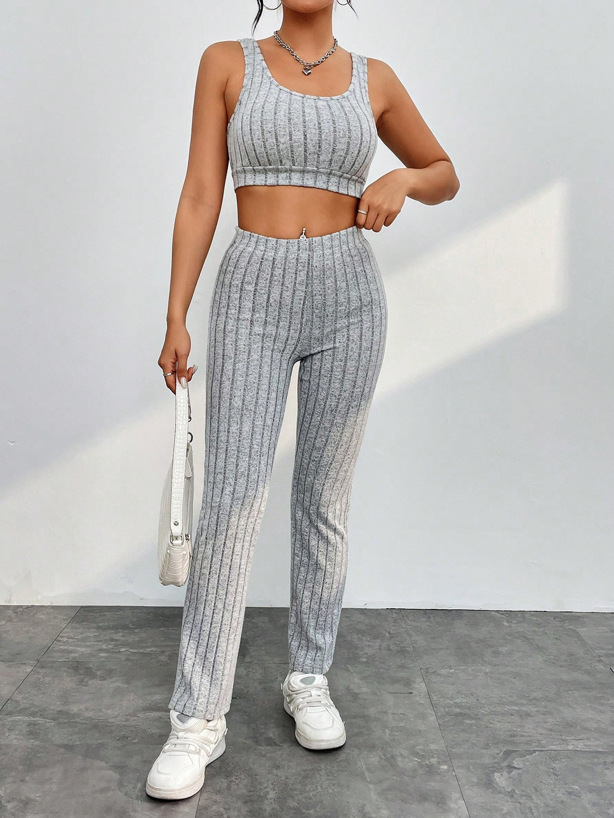 Solid Color Ribbed Knitted Sweatsuit