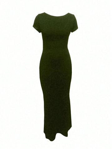 Solid Color Sleeveless Bodycon Dress With Deep V-Neck