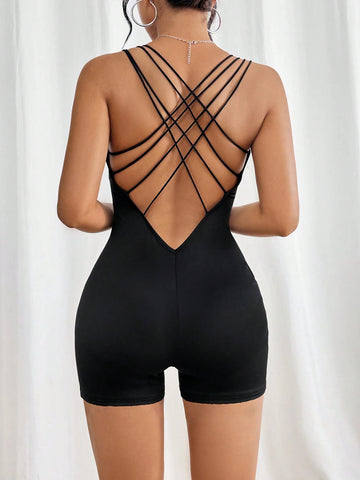 Solid Criss Cross Backless Unitard Romper