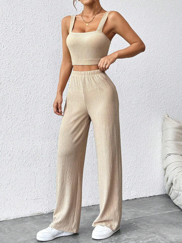 Solid Crop Cami Top & Wide Leg Pants