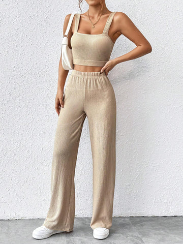 Solid Crop Cami Top & Wide Leg Pants