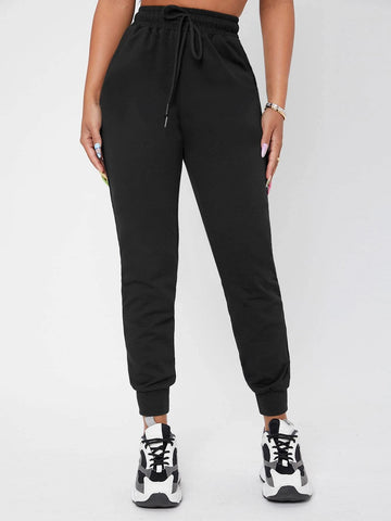 PETITE Solid Drawstring Waist Black Sweatpants