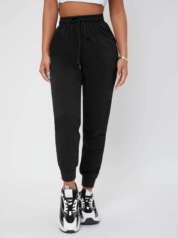 PETITE Solid Drawstring Waist Black Sweatpants