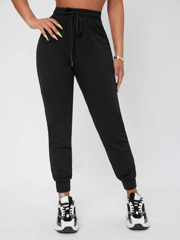 PETITE Solid Drawstring Waist Black Sweatpants