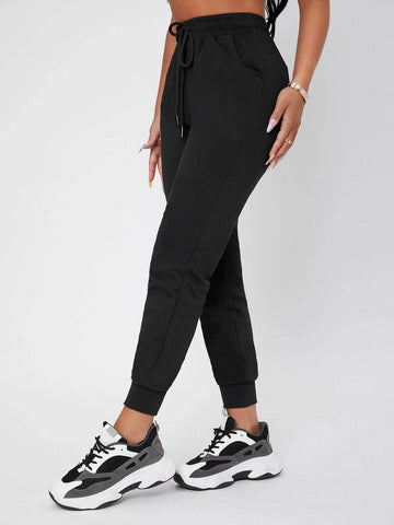 PETITE Solid Drawstring Waist Black Sweatpants