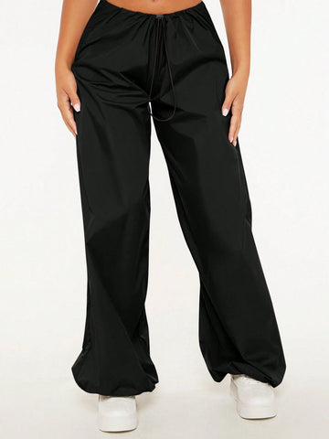 PETITE Solid Drawstring Waist Parachute Pants