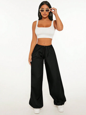 PETITE Solid Drawstring Waist Parachute Pants