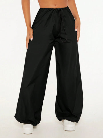 PETITE Solid Drawstring Waist Parachute Pants