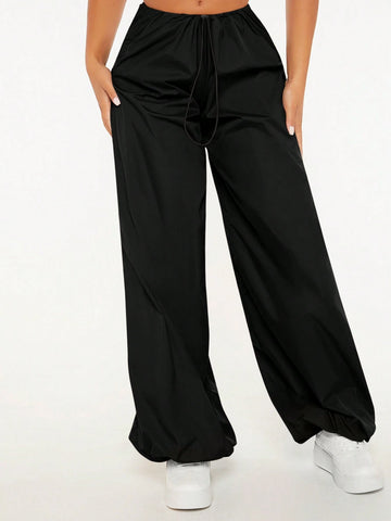 PETITE Solid Drawstring Waist Parachute Pants