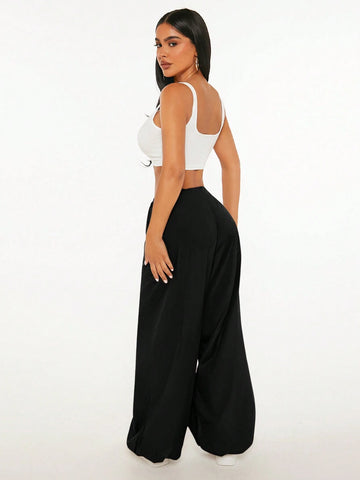 PETITE Solid Drawstring Waist Parachute Pants
