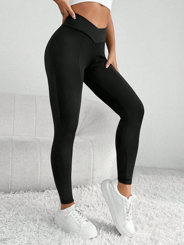 PETITE Solid Phone Pocket Side Asymmetrical Waistband Waist BlackLeggings